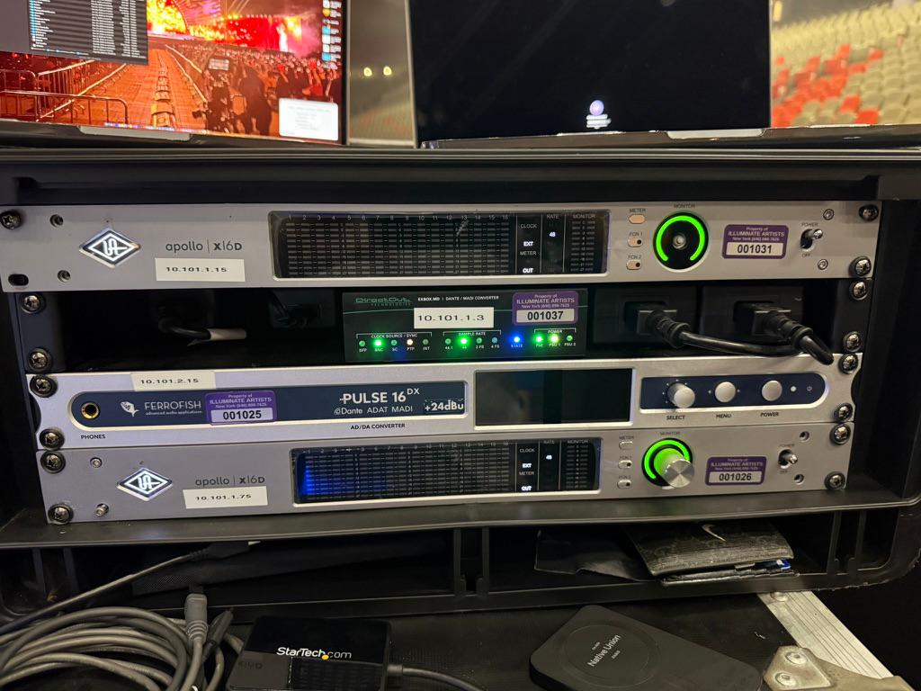 FOH gear rack — UA Apollo x16D, DirectOut, Ferrofish Pulse 16 DX